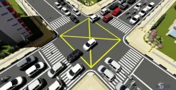 Marka jalan Yellow Box Junction, kotak kuning dengan tanda silang yang ada di perempatan jalan besar. (Sumber : YouTube Dishub Surabaya)