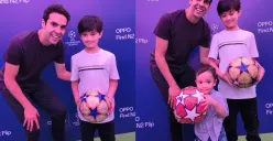 Rafathar dan Rayyanza berfoto bersama legenda sepak bola, Ricardo Kaka. (Sumber : Instagram @raffinagita1717)