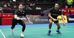 Pasangan ganda putra, Fajar Alfian/Muhammad Rian Ardianto, kalah di babak pertama Singapore Open 2023 dari pasangan Denmark, Selasa 6 Juni 2023. (Sumber : PBSI)