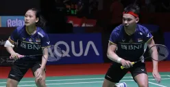 Rinov Rivaldy/Pitha Haningtyas Mentari melaju ke babak 16 besar Indonesia Open 2023.  Rinov/Pitha menang setelah melawan pasangan Prancis, Thom Gickquel/Delphine Delrue, Rabu 14 Juni 2023. (Sumber : PBSI)