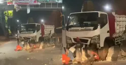 Kecelakaan tunggal truk hantam beton pembatas jalan di Majapahir, Pedurungan, Kota Semarang, Selasa 20 Juni 2023. (Sumber : Instagram @infokejadiansemarang.new)