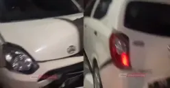 Tabrak lari di Jalan Dokter Cipto Semarang, pengemudi Brio seruduk mobil Ayla hingga ringsek seusai tabrak orang, Senin 26 Juni 2023 dini hari. (Sumber : Instagram @kejadiansmg)
