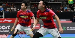Pasangan Ahsan/Hendra saat bertanding dengan wakil Korea Choi Sol Gyu/Kim Won Ho di Singapore Open 2023. (Sumber : PBSI)