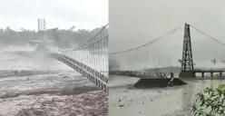 Jembatan Kali Regoyo putus setelah banjir lahar dingin Gunung Semeru menerjang Kecamatan Candipuro, Kabupaten Lumajang, Jumat 7 Juli 2023. (Sumber : Twitter @alwihusin)