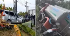 Truk pengangkut air yang menabrak sejumlah kendaraan di TPS Jatibarang, Ngaliyan, Semarang, Senin 24 Juli 2023, diduga mengalami rem blong. (Sumber : Instagram @kejadiansmg)