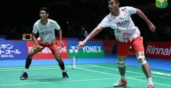 Pasangan Muhammad Shohibul Fikri/Bagas Maulana yang mengalahkan wakil Malaysia, Man Wei Chong/Kai Wun Tee dengan skor 21-11, 15-21 dan 22-20, di babak 32 besar Japan Open 2023, Rabu 26 Juli 2023. (Sumber : PBSI)