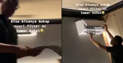 Kelewat gabut, pas lagi liburan bapak-bapak ini malah bersihkan filter AC kamar hotel (Sumber : Twitter/@txtdarihotel)