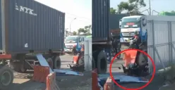 Kecelakaan truk kontainer vs motor di Flyover Kaligawe, Senin 31 Juli 2023 pagi. Pemotor tewas di tempat. (Sumber : Instagram @kejadiansmg)