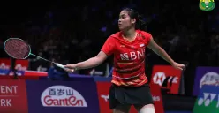 Jorji memberi kemenangan manis lewat permainan rubbernya melawan Han Yue wakil Tiongkok dengan skor 13-21, 21-19 dan 21-11, Kamis 24 Agustus 2023. (Sumber : PBSI)