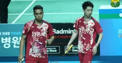 Kevin/Rahmat melaju ke babak 16 besar Korea Masters 2023 setelah wakil Korea Selatan memutuskan mundur pada set kedua pertandingan, Selasa 7 November 2023. (Sumber : PBSI)