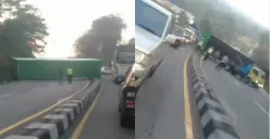 Kecelakaan truk kontainer terguling di arah jalan menuju Semarang (Sumber : Instagram/@infokejadiansemarang)