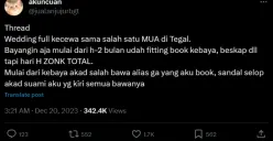 Viral cerita seorang penganti di Tegal yang mengeluhkan kekecewaan pada MUA yang cukup ternama di Tegal, Jawa Tengah, mulai dari kebaya tak sesuai hingga alat rias yang habis saat hari H. (Sumber : X @jualanjujurbgt - InfoSemarang.com)