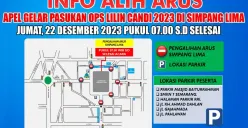 Informasi pengalihan arus lalu lintas di Simpang Lima Kota Semarang, berlaku pada Jumat 22 Desember 2023 pagi sampai dengan selesai untuk gelar apel Operasi Lilin Candi 2023. (Sumber : Satlantas Polrestabes Semarang - InfoSemarang.com)