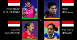 Laga derbi Rehan/Lisa vs Adnan/Nita di babak 32 besar Indonesia Masters 2024. (Sumber: BWF - InfoSemarang.com)