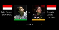 Laga derbi Ester Nurumi Tri Wardoyo vs Gregoria Mariska Tunjung di babak 16 besar Indonesia Masters 2024. (Sumber: BWF - InfoSemarang.com)