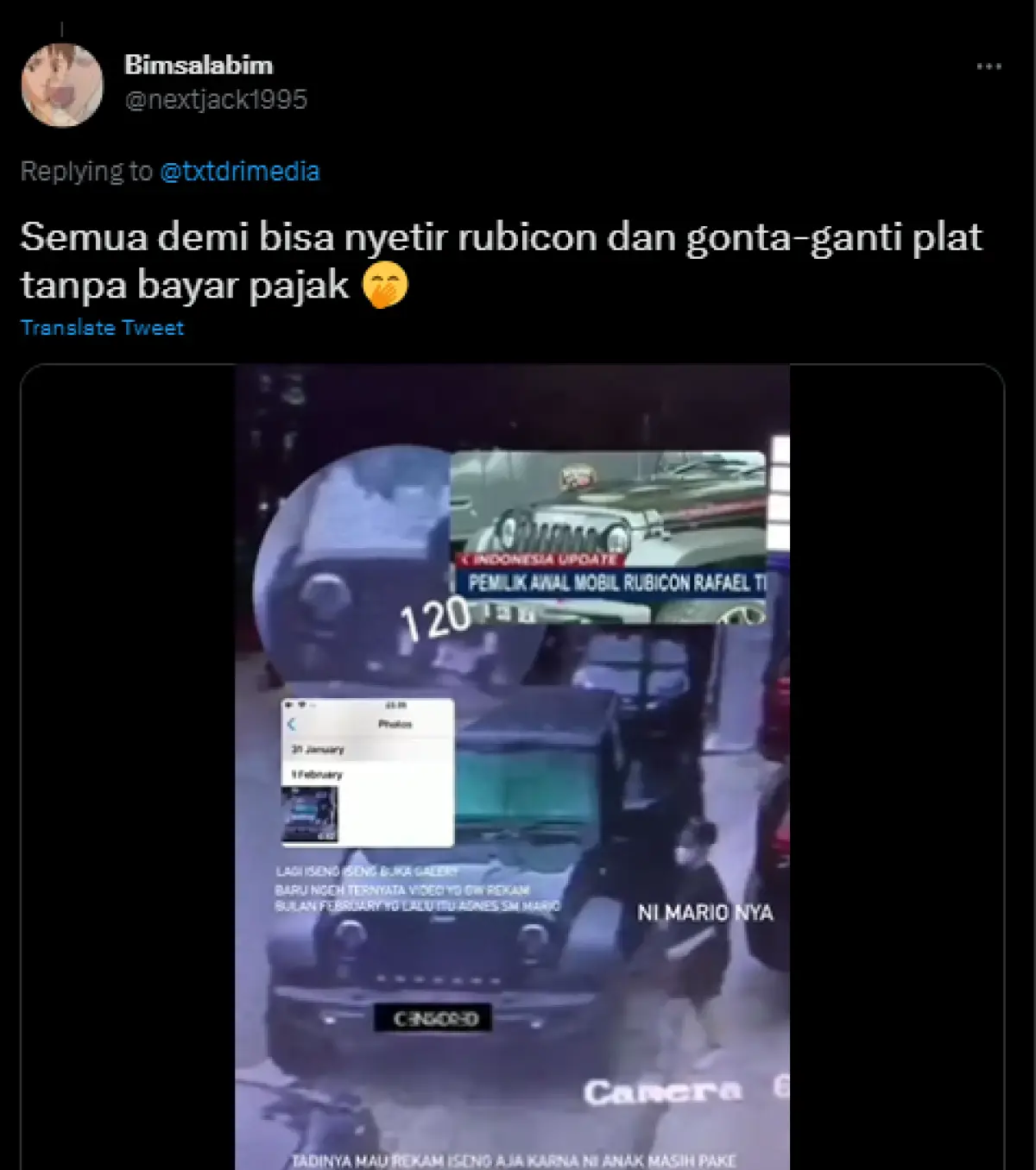 Mario Dandy ganti plat mobil Rubicon. (Sumber : twitter/nextjack1995)