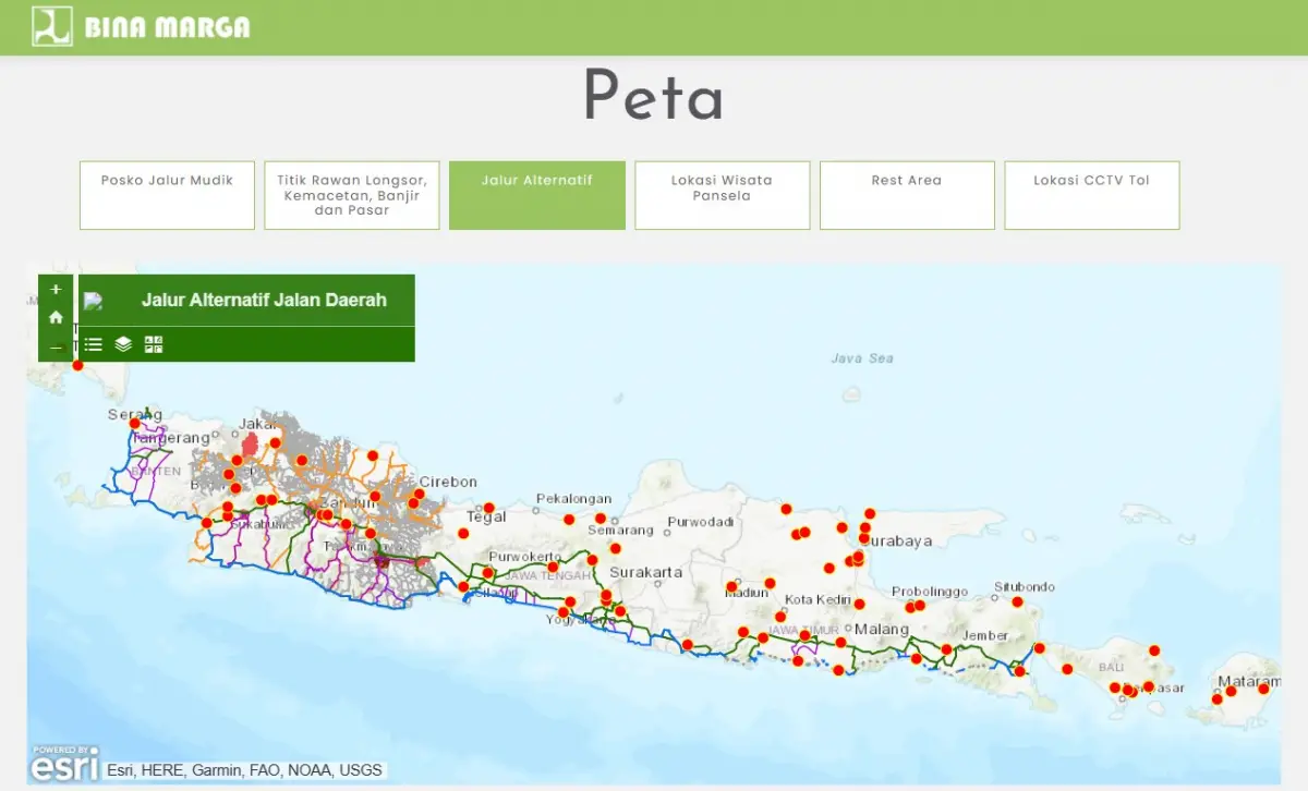 Peta jalur mudik wilayah Pulau Jawa via website Bina Marga. (Sumber : binamarga.pu.go.id)