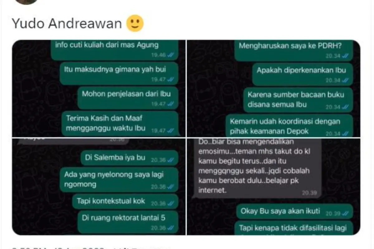 chat Whatsapp Yudo dan Ibu Ratih (Sumber : tangkapan layar Twitter/@bombomskii1)