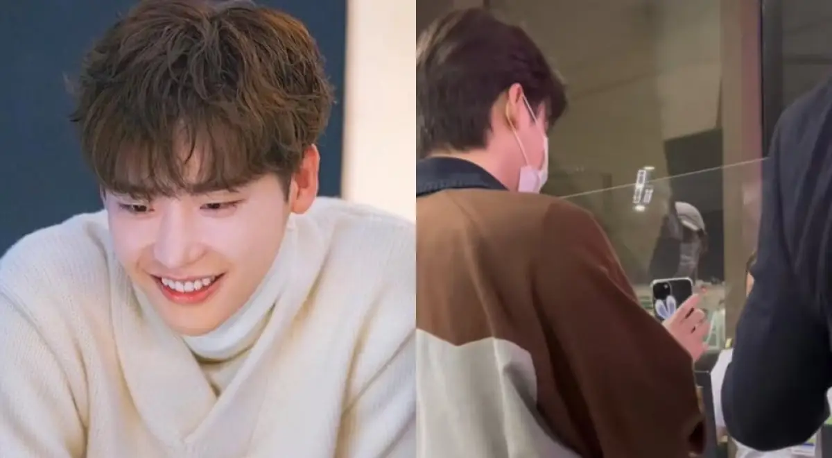 Aktor Lee Jongsuk pakai phone grip merchandise dari penyanyi IU. (Sumber : Koreaboo)