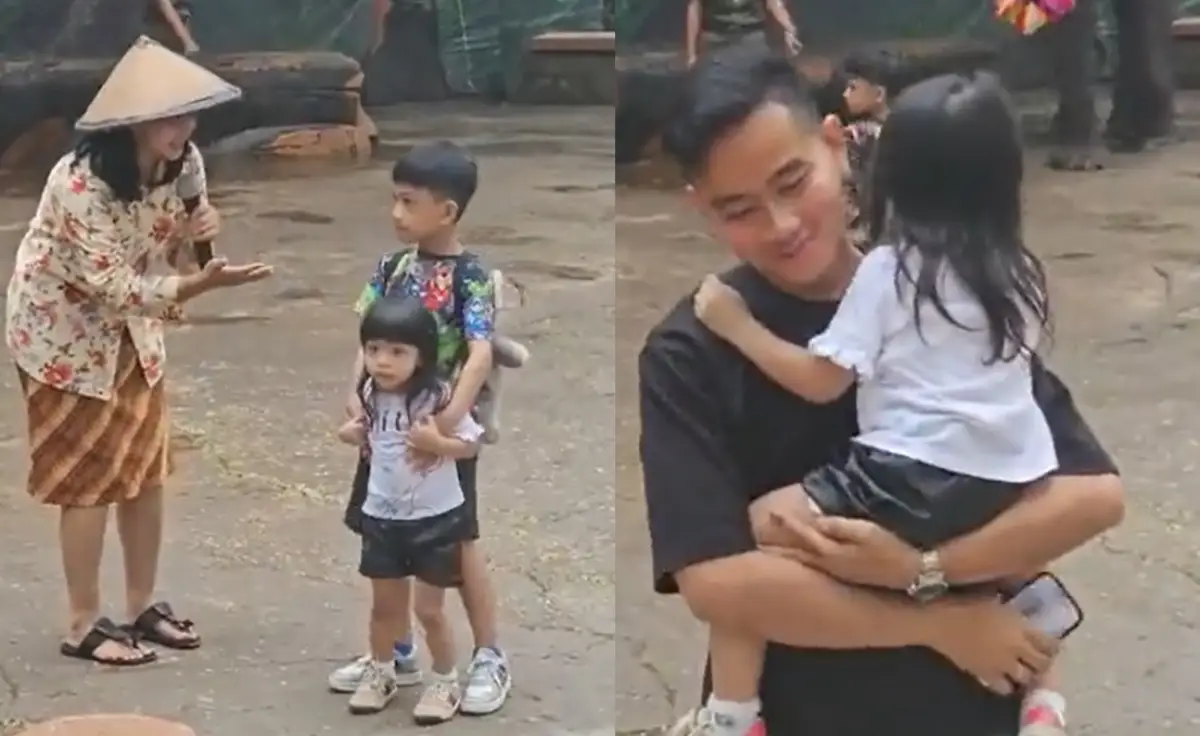 Gibran Rakabuming saat ajak anak, Jan Ethes dan La Lembah Manah, melihat pertunjukan gajah di Solo Safari. (Sumber : Twitter @gibran_tweet)