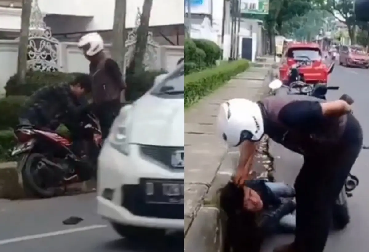 Viral video pengendara motor dipukul hingga kejang setelah senggolan dengan pengendara lain di Cimahi, Jawa Barat, Rabu (19/4/2023). (Sumber : Twitter @tanyakanrl)