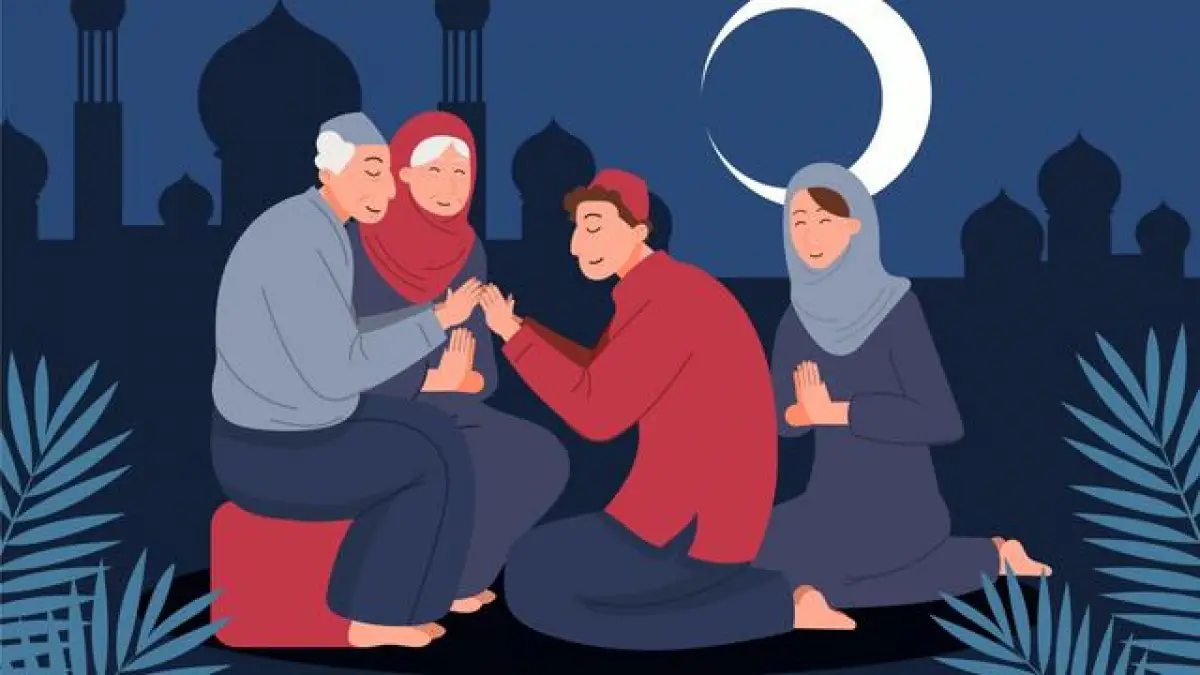 Ilustrasi sungkem orangtua saat Lebaran Idul Fitri. (Sumber : Freepik)