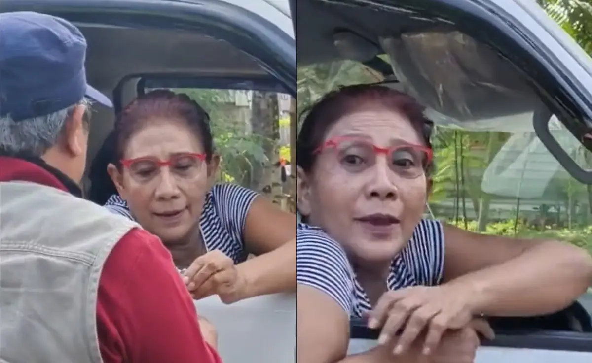 Mantan Menteri KKP Susi Pudjiastuti menyetir mobil pick up saat akan ke Pantai Pangandaran. (Sumber : Twitter @Heraloebss)