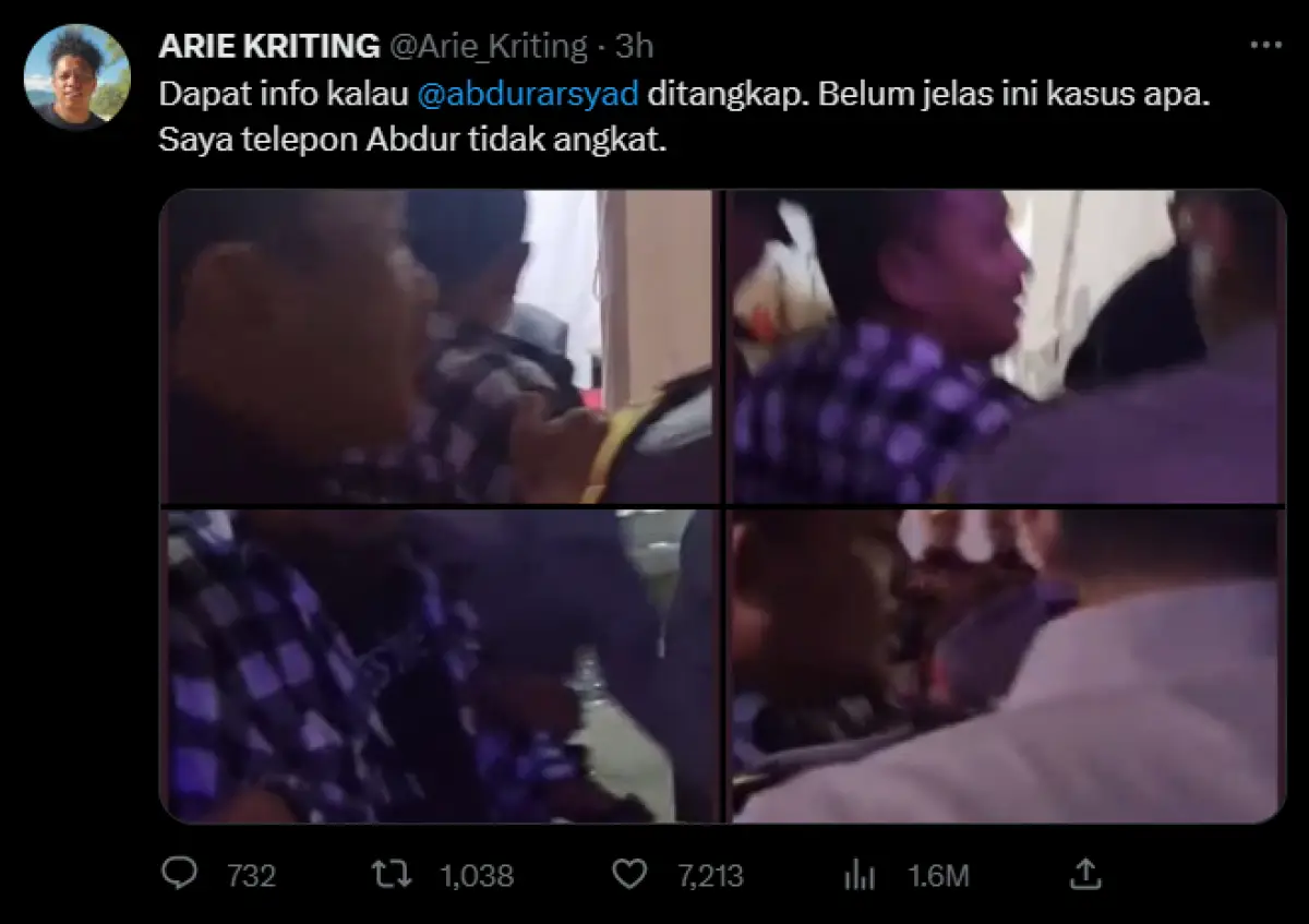 Unggahan Arie Kriting berisi candaan Komika Abdur Arsyad ditangkap. (Sumber : Twitter @Arie_Kriting)