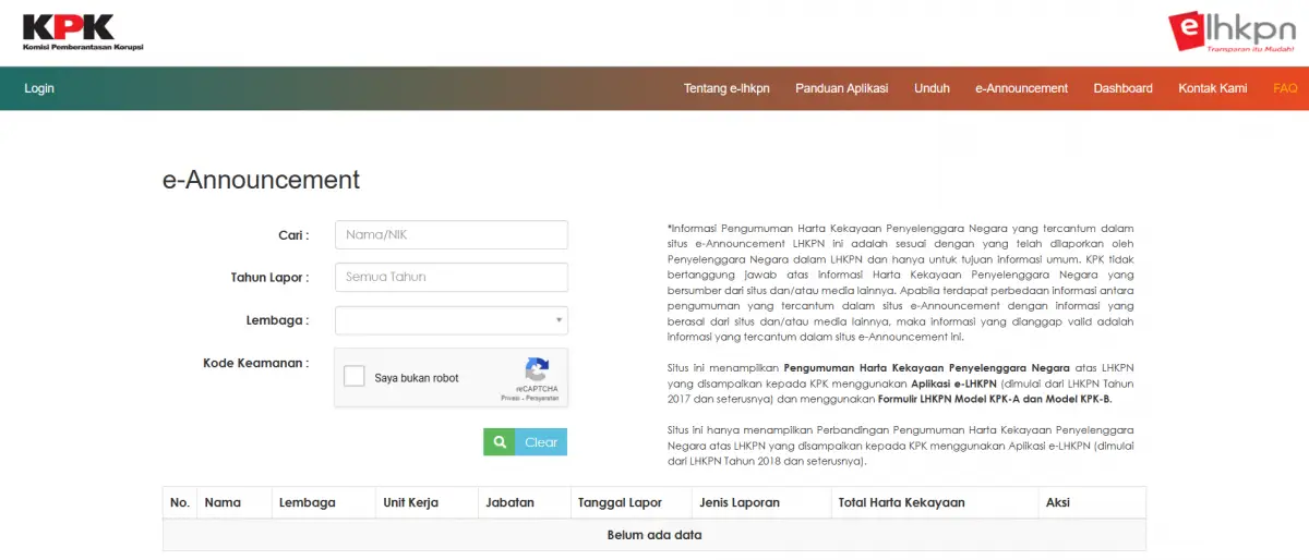 Cara cek harta kekayaan pejabat negara di elhkpn.kpk.go.id. (Sumber : elhkpn.kpk.go.id)