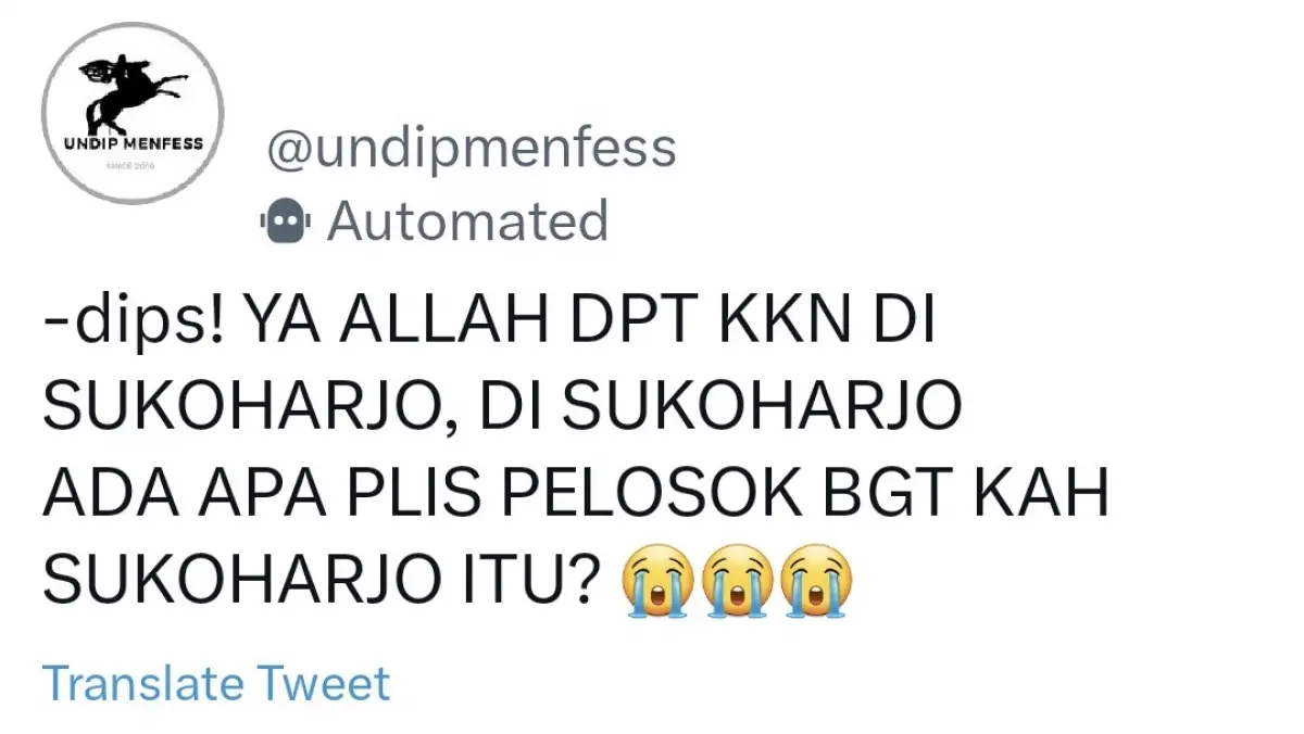 Menfess berisi Sukoharjo dikira pelosok yang viral di Twitter. (Sumber : Twitter @undipmenfess)