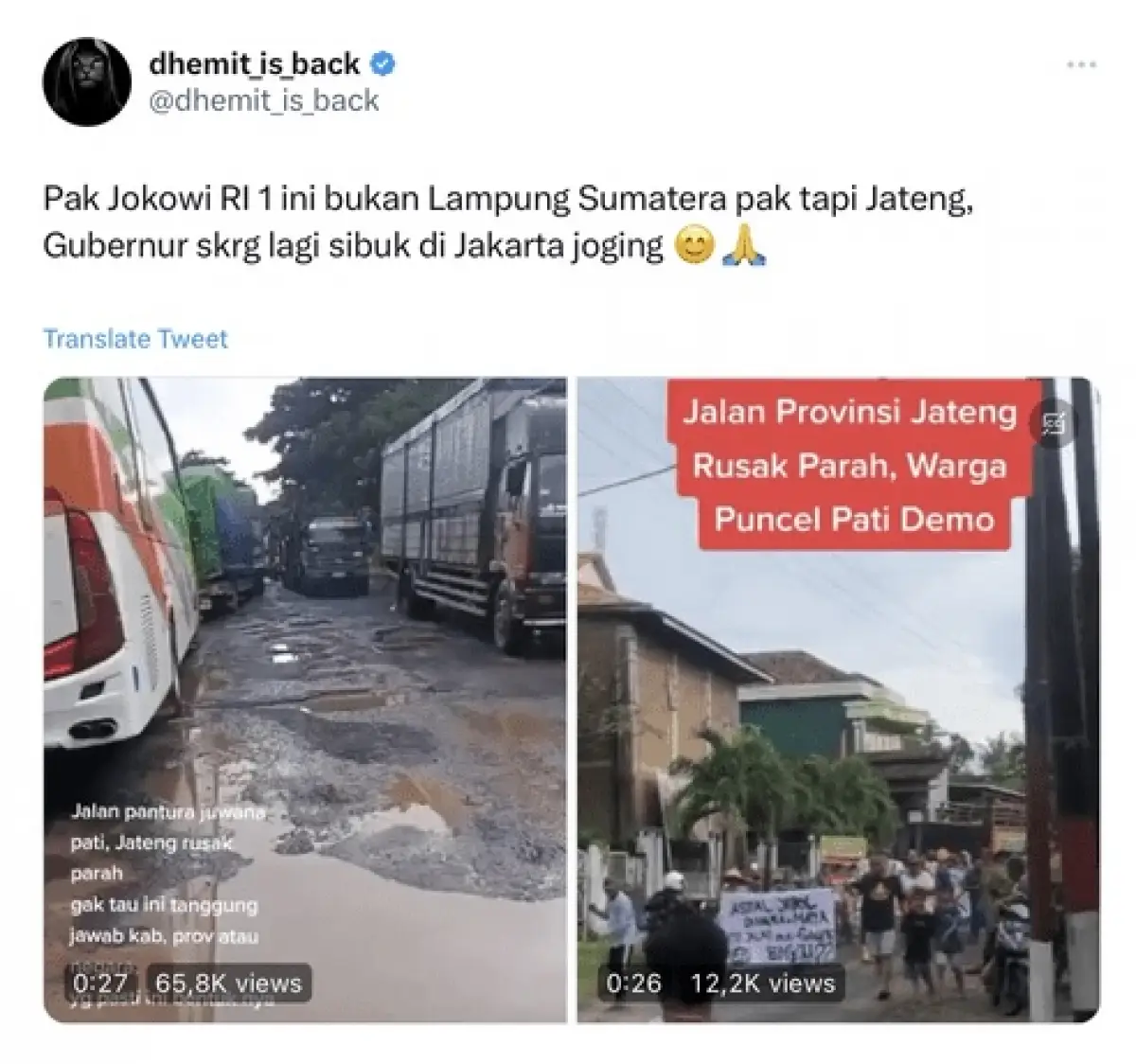 Warga Jawa Tengah protes jalanan rusak di Twitter. (Sumber : Twitter/dhemit_is_back)