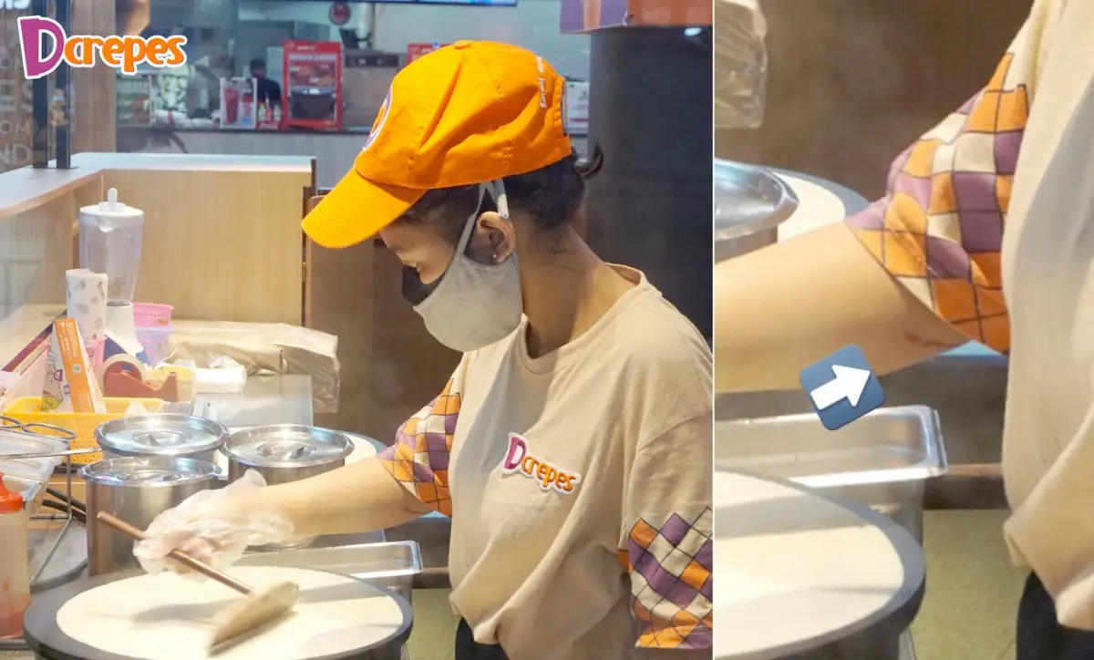 Foto karyawan Dcrepes yang viral karena miliki luka bakar di tangan. (Sumber : Twitter @d_crepes)