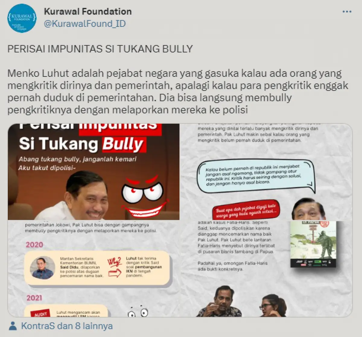 Luhut Binsar Pandjaitan disebut anti kritik. (Sumber : twitter/KurawalFound_ID)