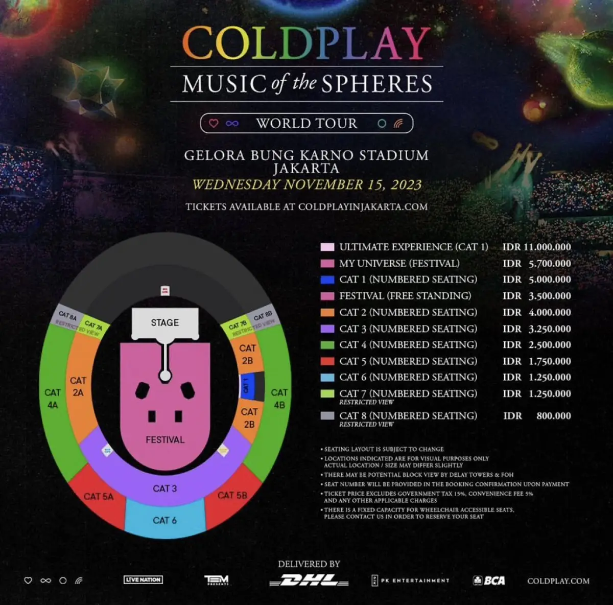 Daftar harga tiket konser Coldplay yang akan dijual mulai 17 Mei 2023 dengan BCA Presale (Sumber : Instagram @pkentertainemt)