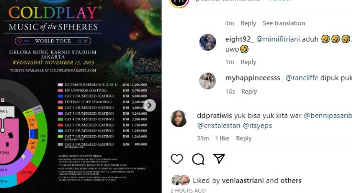 Begini komentar warganet setelah tahu ada harga tiket konser Coldplay Rp 11 Juta (Sumber : instagram PK Entertainment)