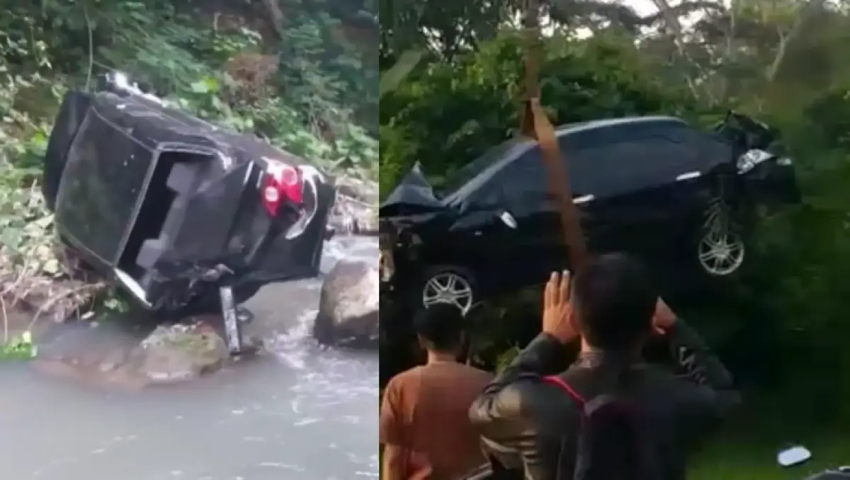 Mobil terjun ke jurang di Klaten setelah sopir yang baru belajar menyetir hilang kendali. (Sumber : Instagram @anam_asix)