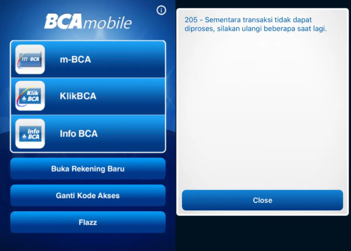 Mbangking BCA error pihak manajemen beritahu cara mengatasinya (Sumber : tangkapan layar/Mobile Banking BCA)