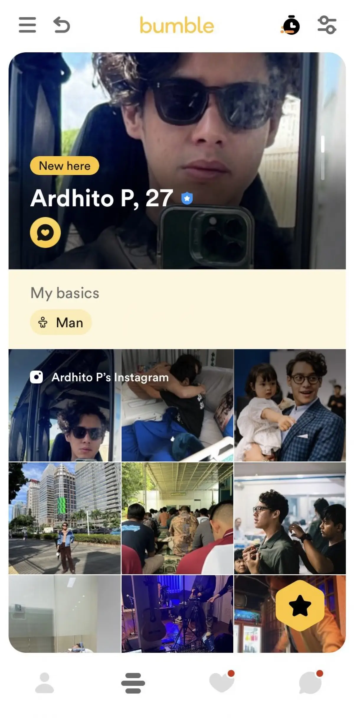 Akun Ardhito Pramono di aplikasi kencan. (Sumber : Twittter/BumbleSupremacy)