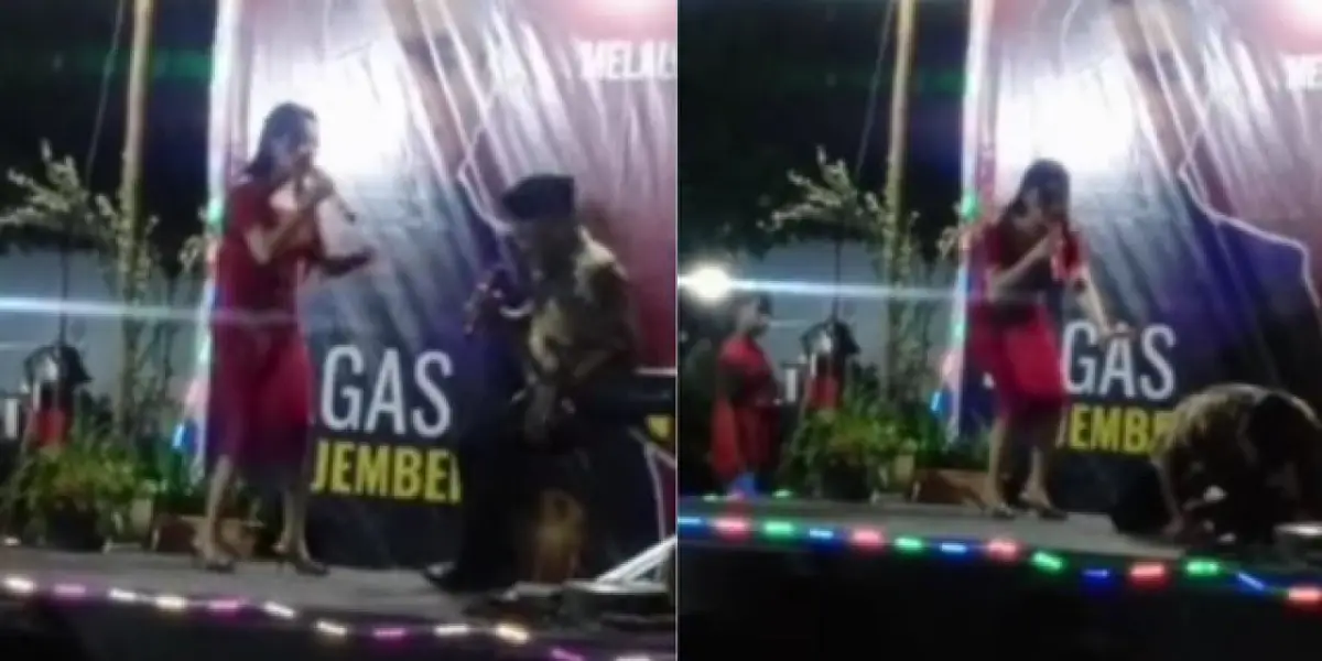 Kepala Desa Ambulu di Jember, Mulyono, meninggal dunia setelah terjatuh di panggung saat sedang menyanyi menghibur warga setempat. (Sumber : Instagram @lambe_turah)