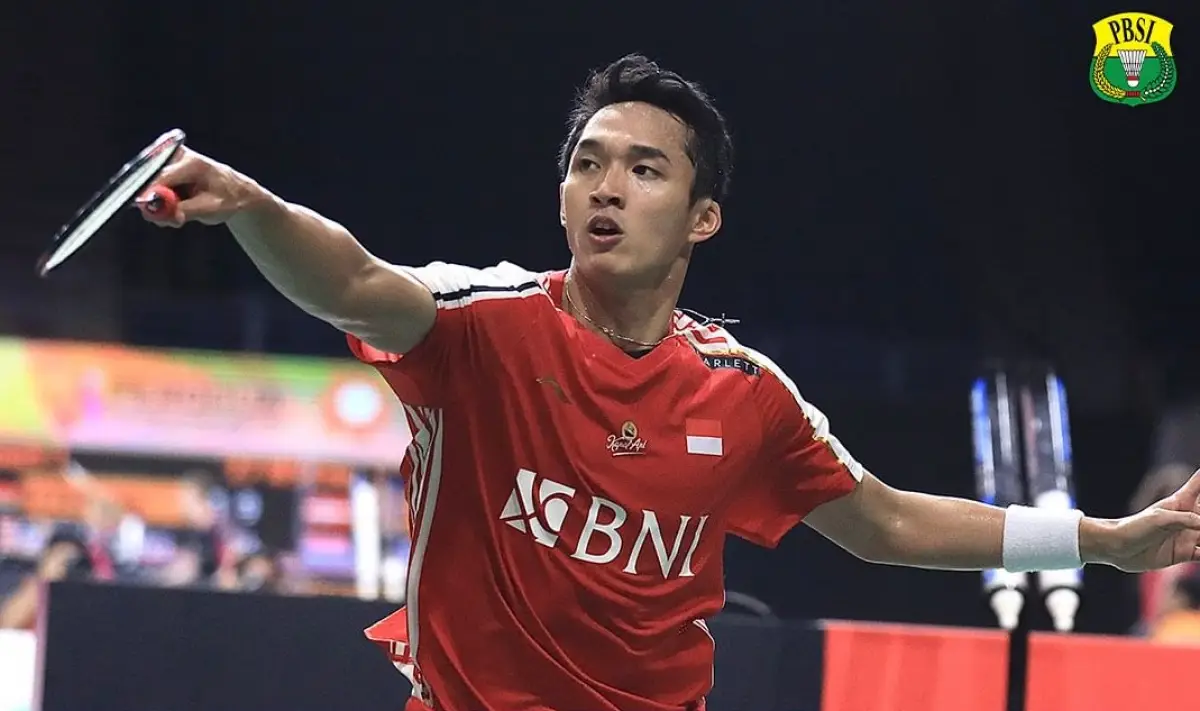 Jonatan Christie saat menumbangkan wakil Taiwan, Chi Yu Jen, di babak 32 besar Malaysia Masters 2023. (Sumber : PBSI)