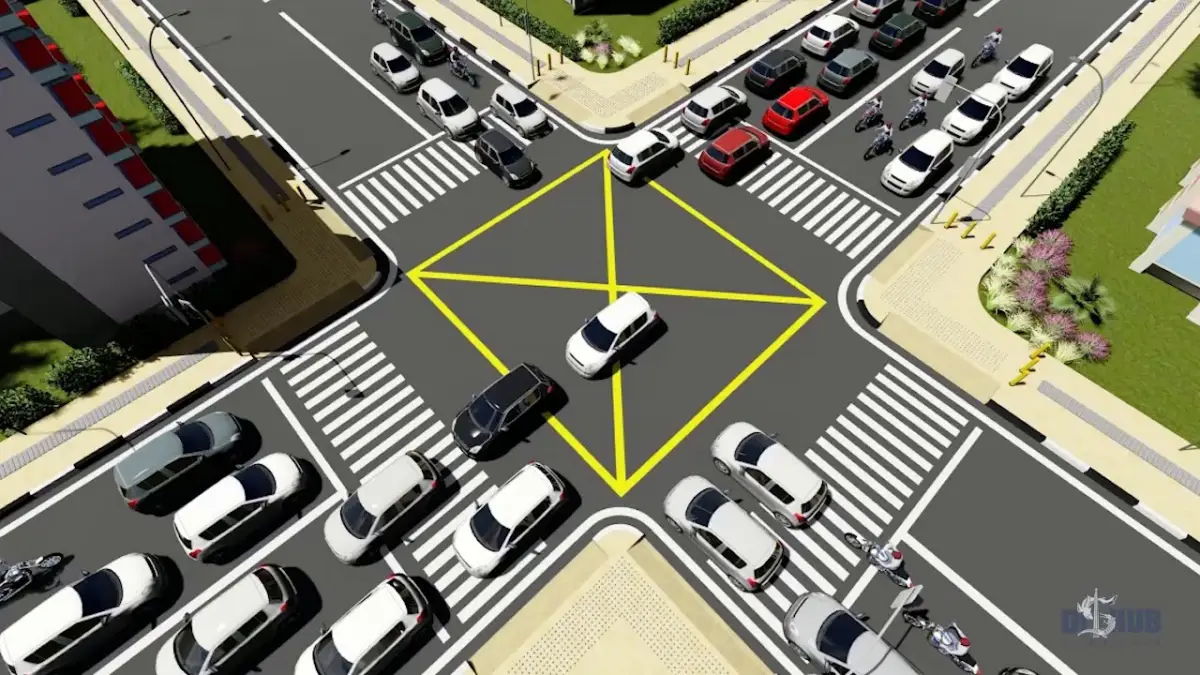 Marka jalan Yellow Box Junction, kotak kuning dengan tanda silang yang ada di perempatan jalan besar. (Sumber : YouTube Dishub Surabaya)