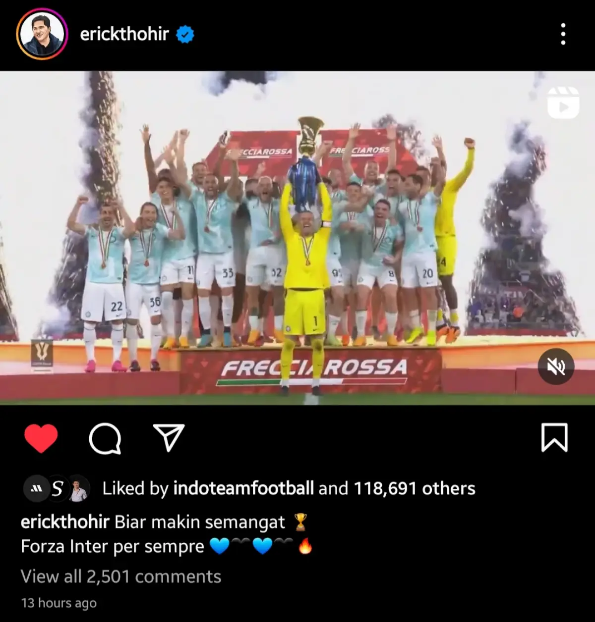 Postingan Instagram Erick Thohir saat Inter Milan juara Coppa Italia tadi malam (Sumber : Instagram @erickthohir)