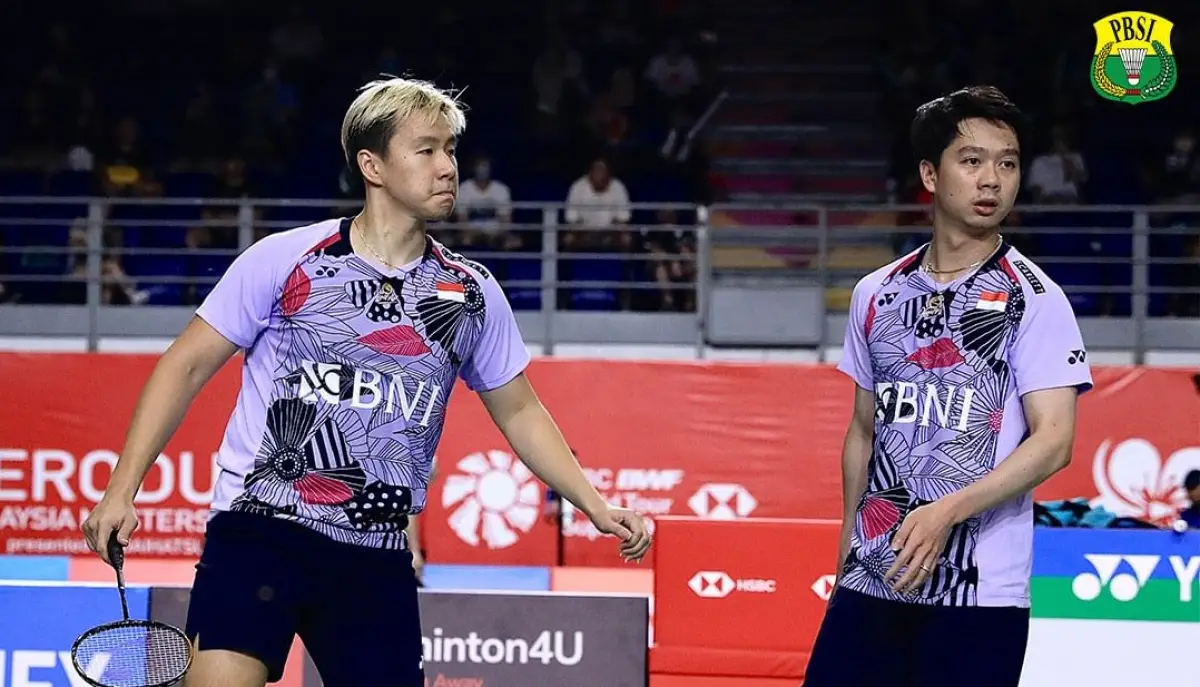 Pasangan ganda putra Indonesia, Marcus Gideon/Kevin Sanjaya terhenti di 16 besar Malaysia Masters 2023 setelah dikalahkan wakil Jepang. (Sumber : PBSI)