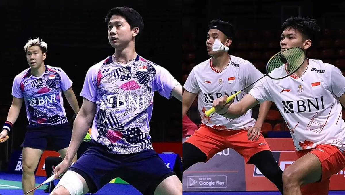 Pasangan ganda putra, Marcus/Kevin dan Fikri/Bagas, yang melaju ke semifinal Thailand Open 2023, Sabtu 3 Juni 2023. (Sumber : PBSI)