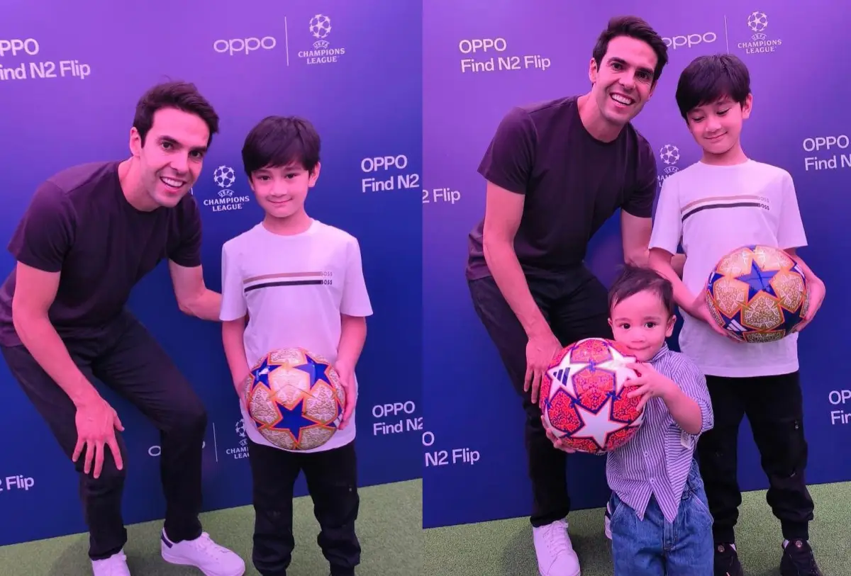 Rafathar dan Rayyanza berfoto bersama legenda sepak bola, Ricardo Kaka. (Sumber : Instagram @raffinagita1717)