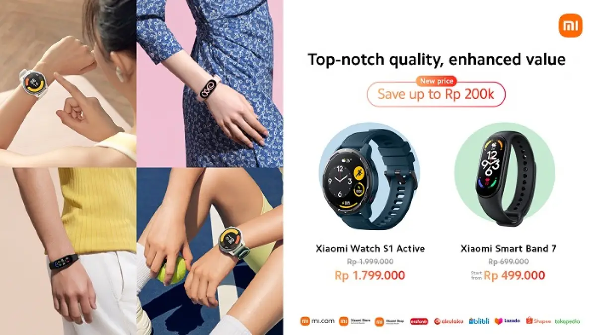 Xiaomi Watch S1 Active dan Xiaomi Smart Band 7 kini hadir dengan harga yang lebih terjangkau. (Sumber : Xiaomi)