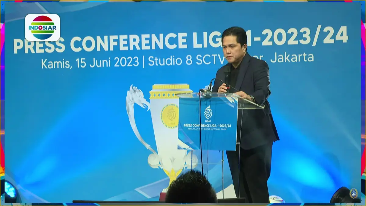 Erick Thohir dalam acara press conference Liga 1 Indonesia 2023/2024 (Sumber : tangkapan layar Vidio)