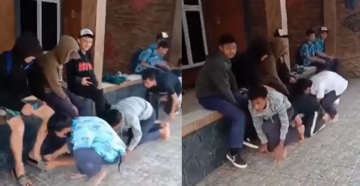 Aksi perundungan 6 pelajar SMP di Cianjur, Jawa Barat. Mereka diminta merangkak hingga mencium kaki pelaku. (Sumber : Twitter @Heraloebss)