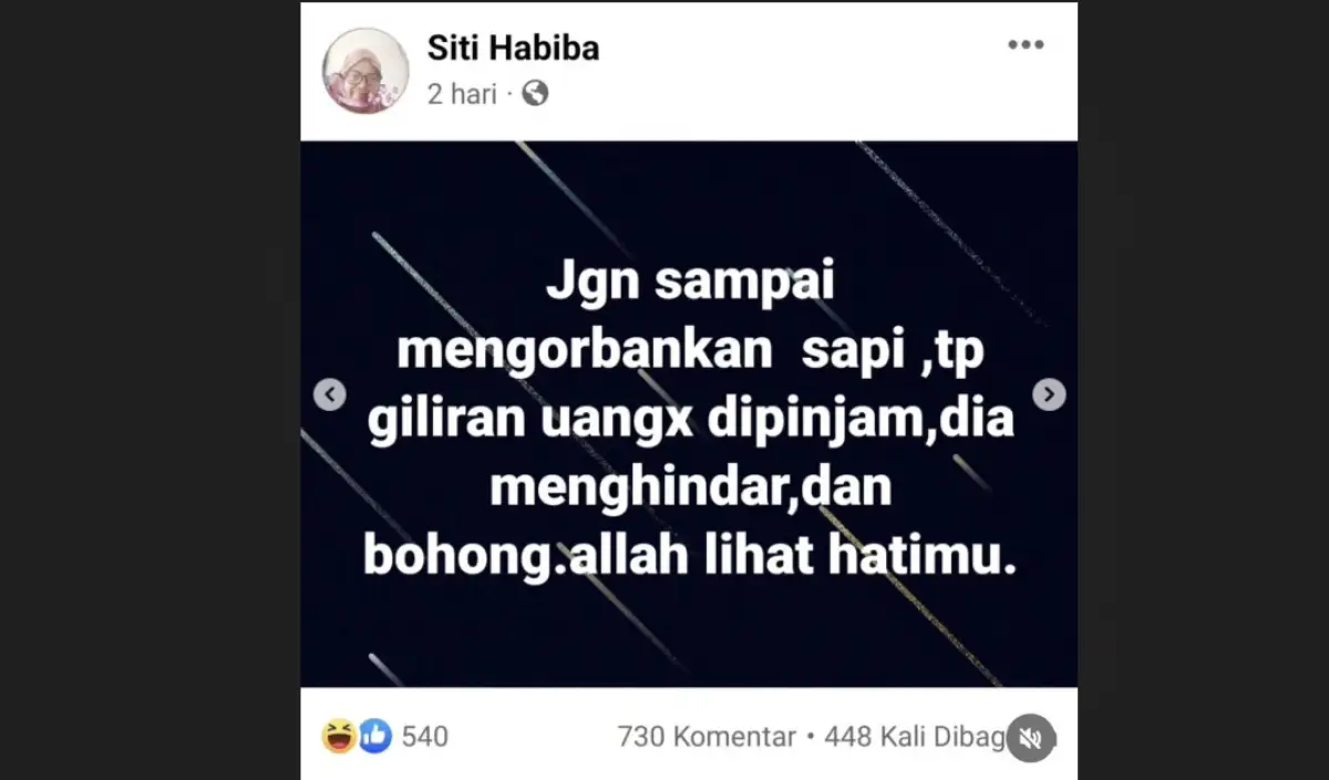 Status emak-emak yang sindir tetangga gegara tidak dipinjami uang (Sumber : Facebook)