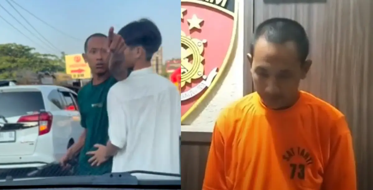 Pelaku yang pukul pengemudi lain dan rusak mobil di Jalur Gronggong, Cirebon, diamankan polisi, Rabu 21 Juni 2023. (Sumber : Instagram @ndyafm @humaspolrestacirebon)